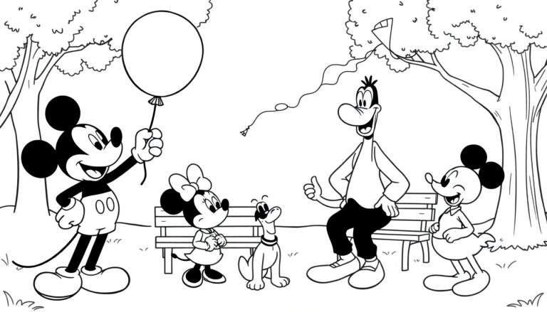 Placa de color de Mickey, Minnie y Pluto en un parque.