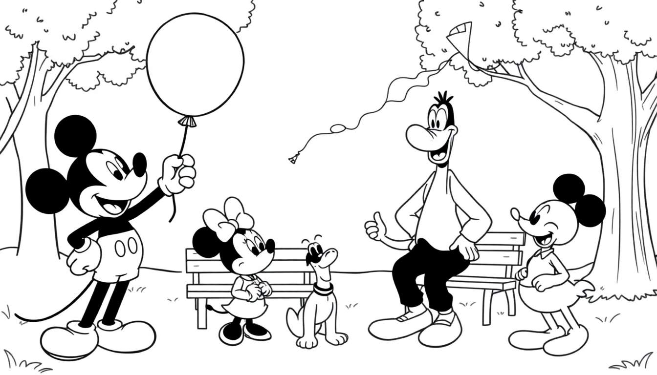 Placa de color de Mickey, Minnie y Pluto en un parque.