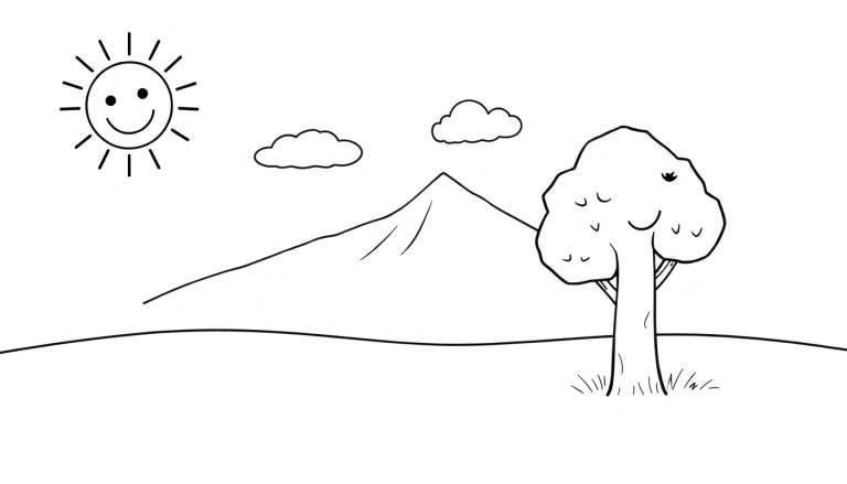 Página para colorear en blanco y negro de una placa de color con un sol sonriente, una nube esponjosa, una montaña y un árbol amigable en un prado verde.