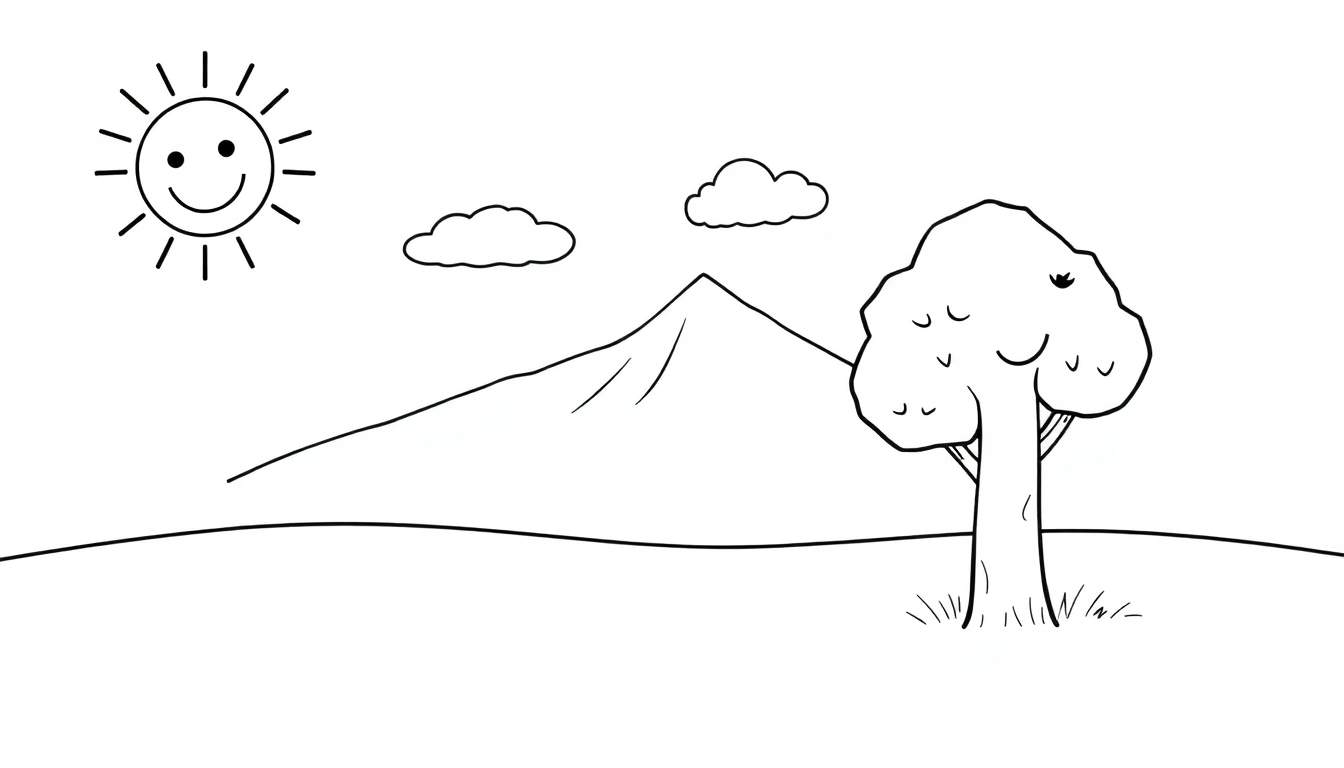 Página para colorear en blanco y negro de una placa de color con un sol sonriente, una nube esponjosa, una montaña y un árbol amigable en un prado verde.