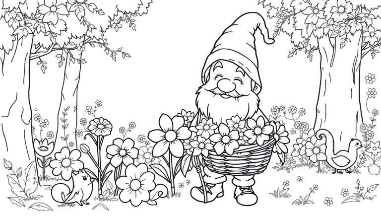 Placa de color: gnomo de jardín sonriente con sombrero puntiagudo y barba larga, sosteniendo una cesta llena de flores, rodeado de árboles florecientes, una ardilla y patos.