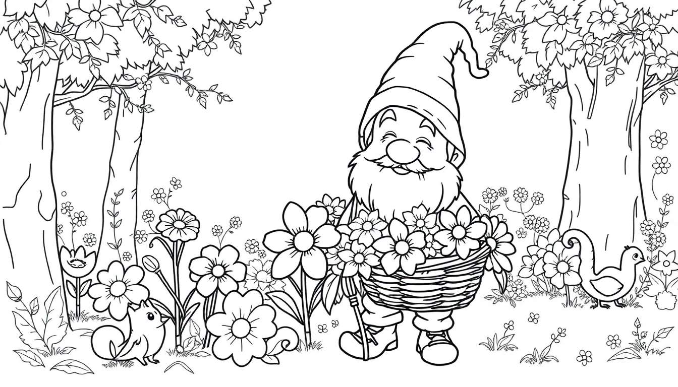 Placa de color: gnomo de jardín sonriente con sombrero puntiagudo y barba larga, sosteniendo una cesta llena de flores, rodeado de árboles florecientes, una ardilla y patos.