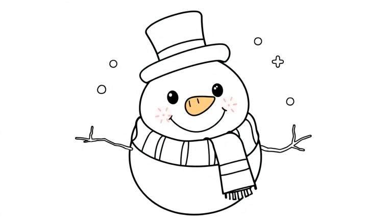 Placa de color de un muñeco de nieve sonriente con sombrero y bufanda.