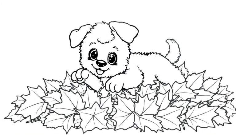Placa de color de un cachorro tierno jugando entre hojas de otoño, contorno negro para colorear.