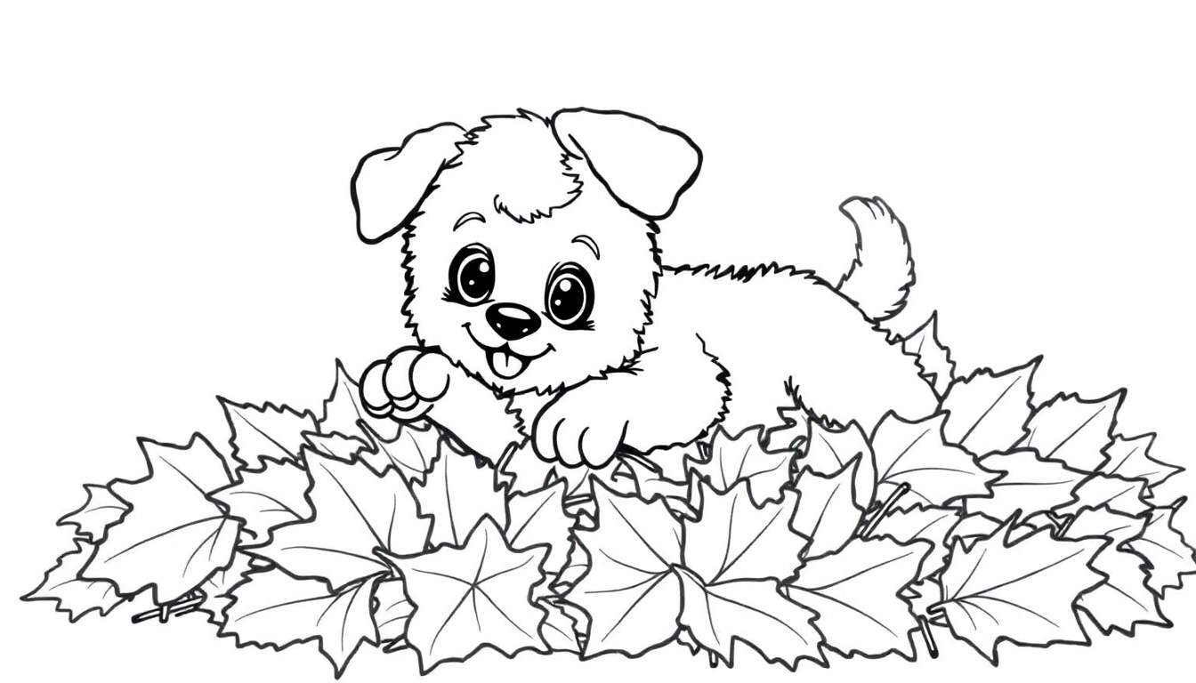Placa de color de un cachorro tierno jugando entre hojas de otoño, contorno negro para colorear.