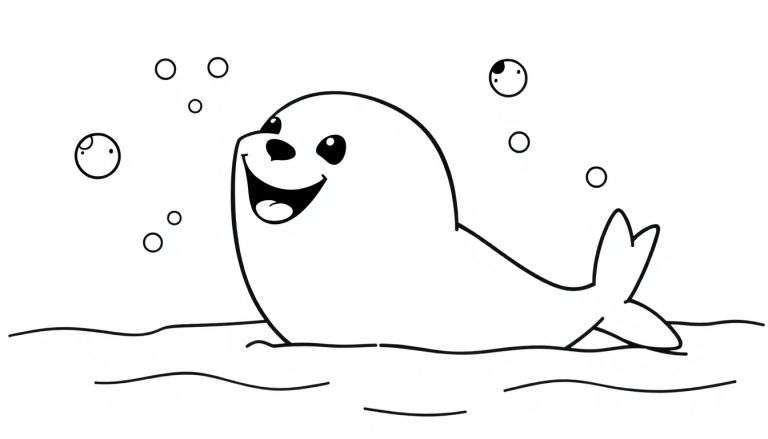 Placa de color de una foca de dibujos animados sonriendo y jugando con burbujas en el agua.