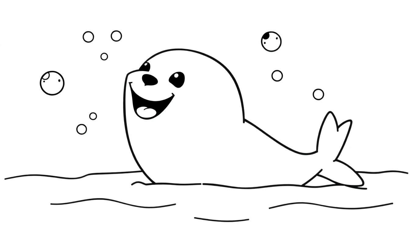 Placa de color de una foca de dibujos animados sonriendo y jugando con burbujas en el agua.