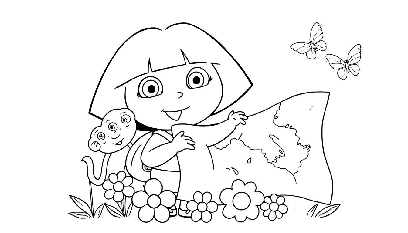 Placa de color de Dora la Exploradora con Botas, sosteniendo un mapa rodeada de flores y mariposas.