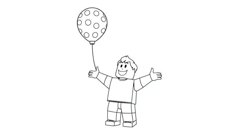Placa de color de un personaje estilo Lego sonriente con un globo lleno de círculos.