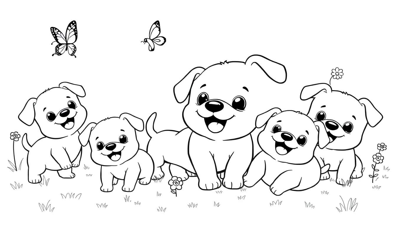 Placa de color: familia de cachorros sonrientes y juguetones en un campo con mariposas.