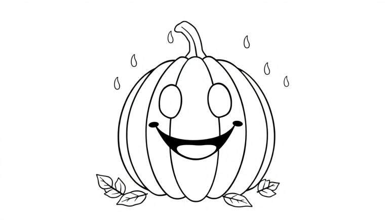 Placa de color de una calabaza sonriente con gotas de lluvia y hojas.