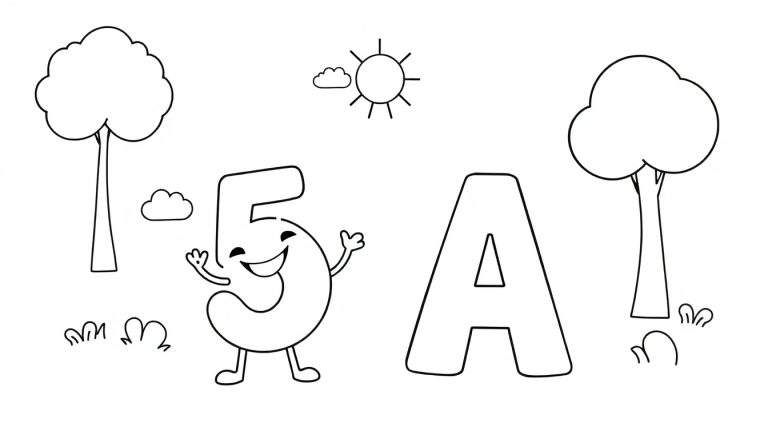 Placa de color para colorear con el número 5 sonriente y la letra A jugando en un parque.