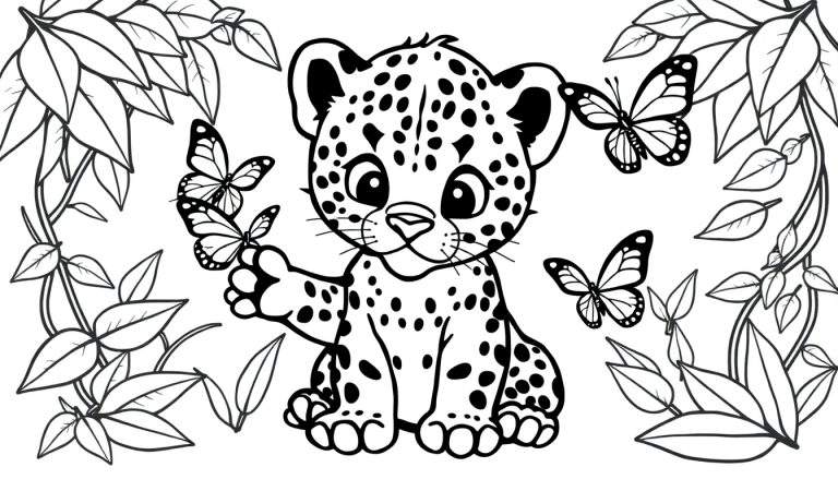 Una placa de color en blanco y negro de un tierno cachorro de leopardo sentado rodeado de hojas y mariposas.