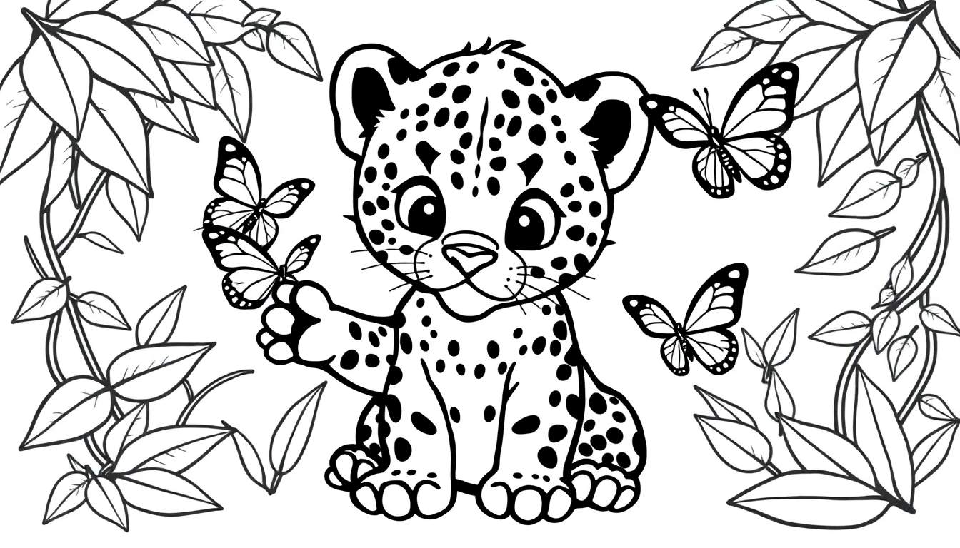 Una placa de color en blanco y negro de un tierno cachorro de leopardo sentado rodeado de hojas y mariposas.