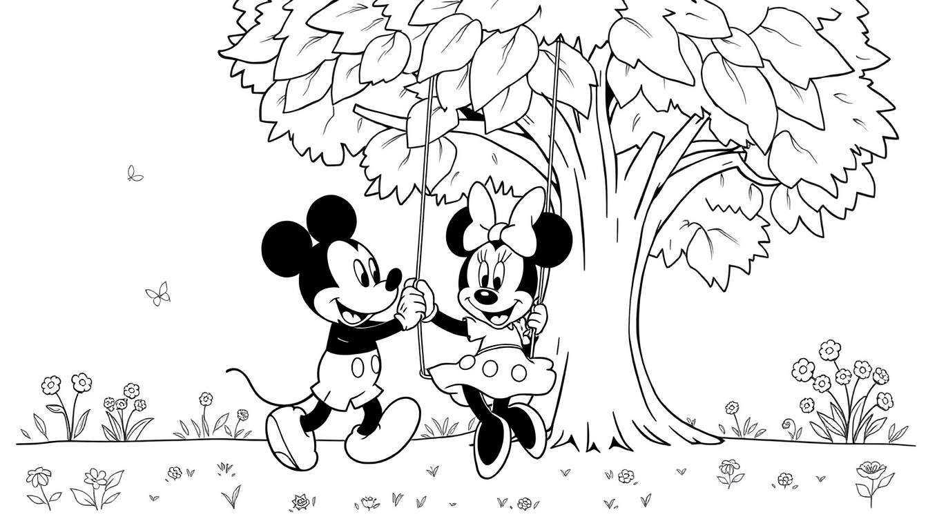 Placa de color para niños: Mickey y Minnie Mouse divirtiéndose en un columpio bajo un árbol frondoso.