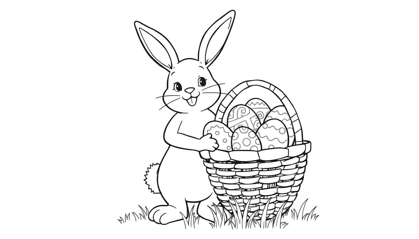 Una placa de color de un conejito de Pascua dibujado a mano con una canasta de huevos.
