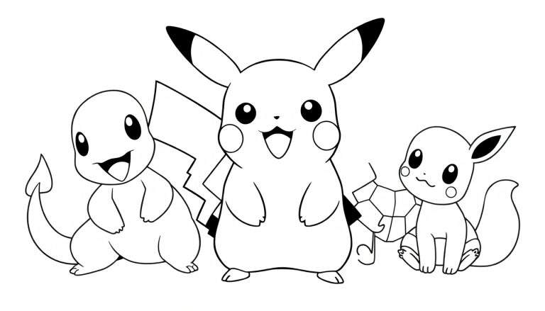 Placa de color de Pikachu, Charmander y Eevee, listos para colorear.