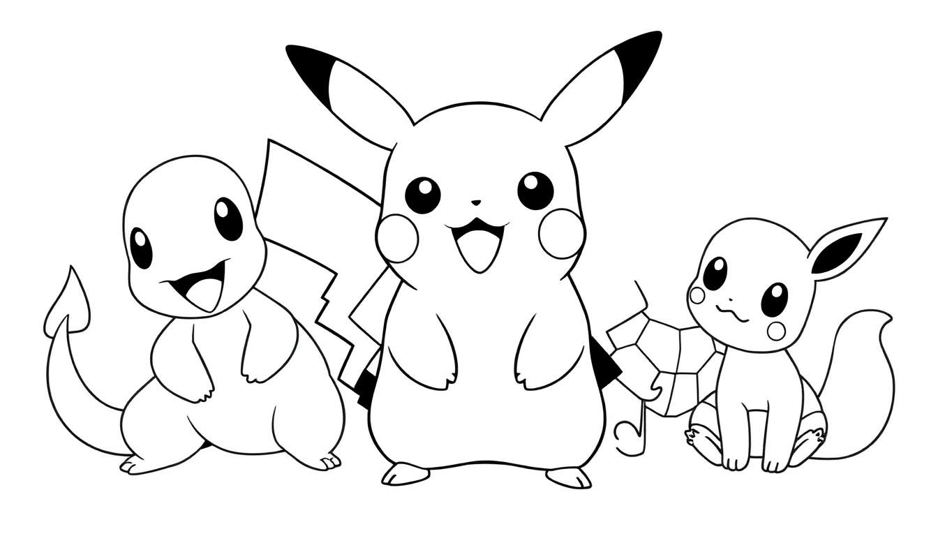 Placa de color de Pikachu, Charmander y Eevee, listos para colorear.