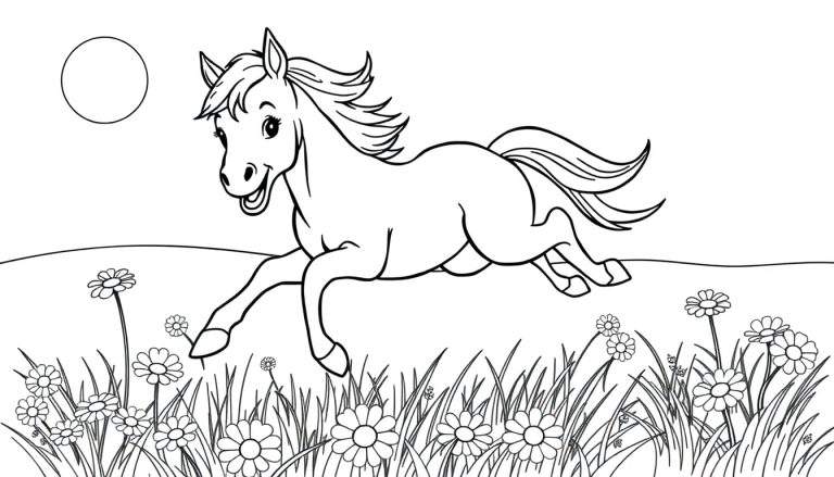 Un potrillo juguetón salta en un prado con margaritas, listo para colorear en blanco y negro.