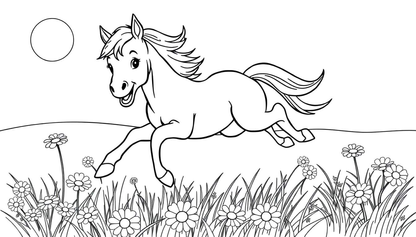 Un potrillo juguetón salta en un prado con margaritas, listo para colorear en blanco y negro.