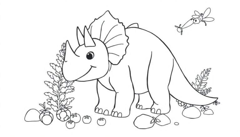 Placa de color de un Triceratops sonriente con plantas y frutos.