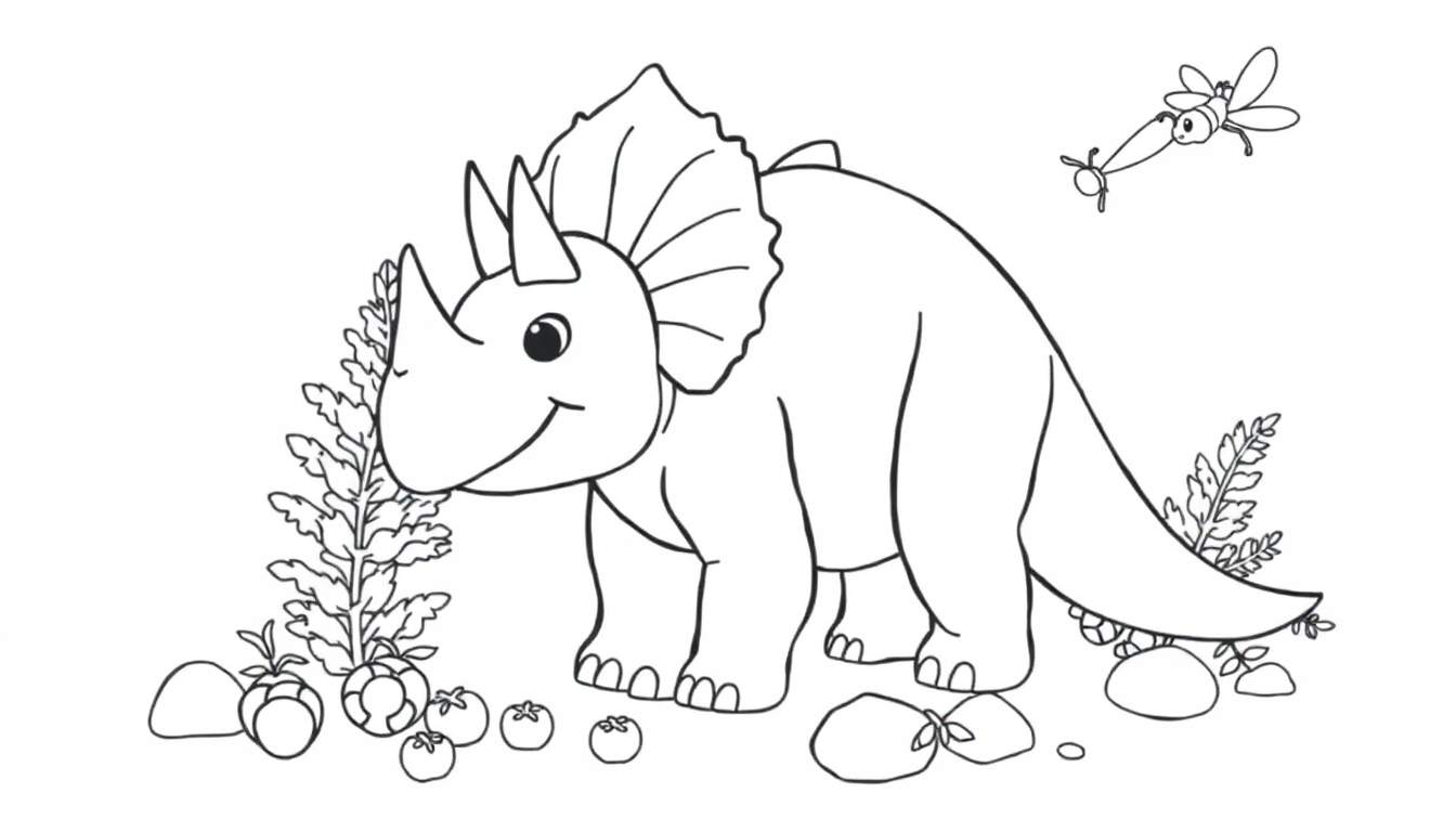 Placa de color de un Triceratops sonriente con plantas y frutos.