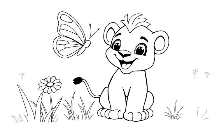 Placa de color de un adorable cachorro de león sentado sonriendo con una mariposa y una flor en un campo de hierba.
