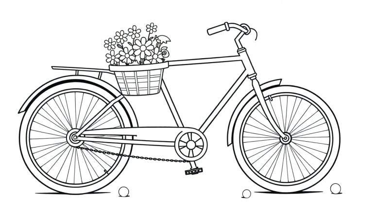 Placa de color para colorear: bicicleta con cesta llena de flores.