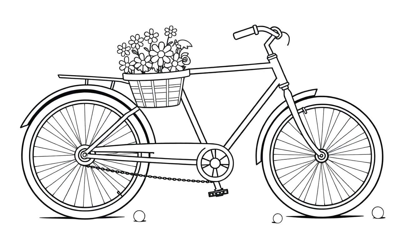 Placa de color para colorear: bicicleta con cesta llena de flores.