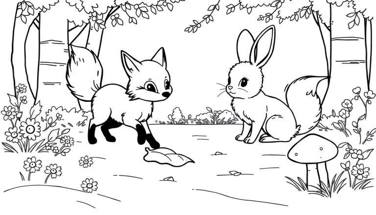 Placa de color: Zorro y conejito jugando en el bosque.