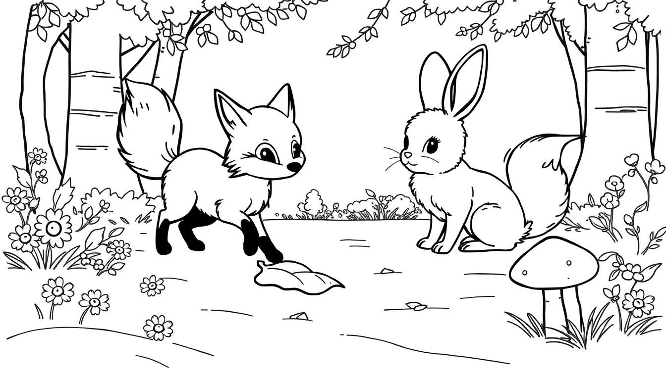 Placa de color: Zorro y conejito jugando en el bosque.