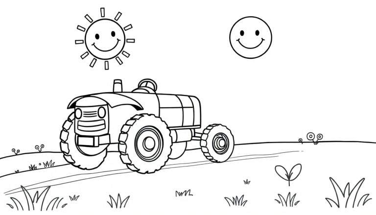 Placa de color de un tractor sonriente en un campo soleado.