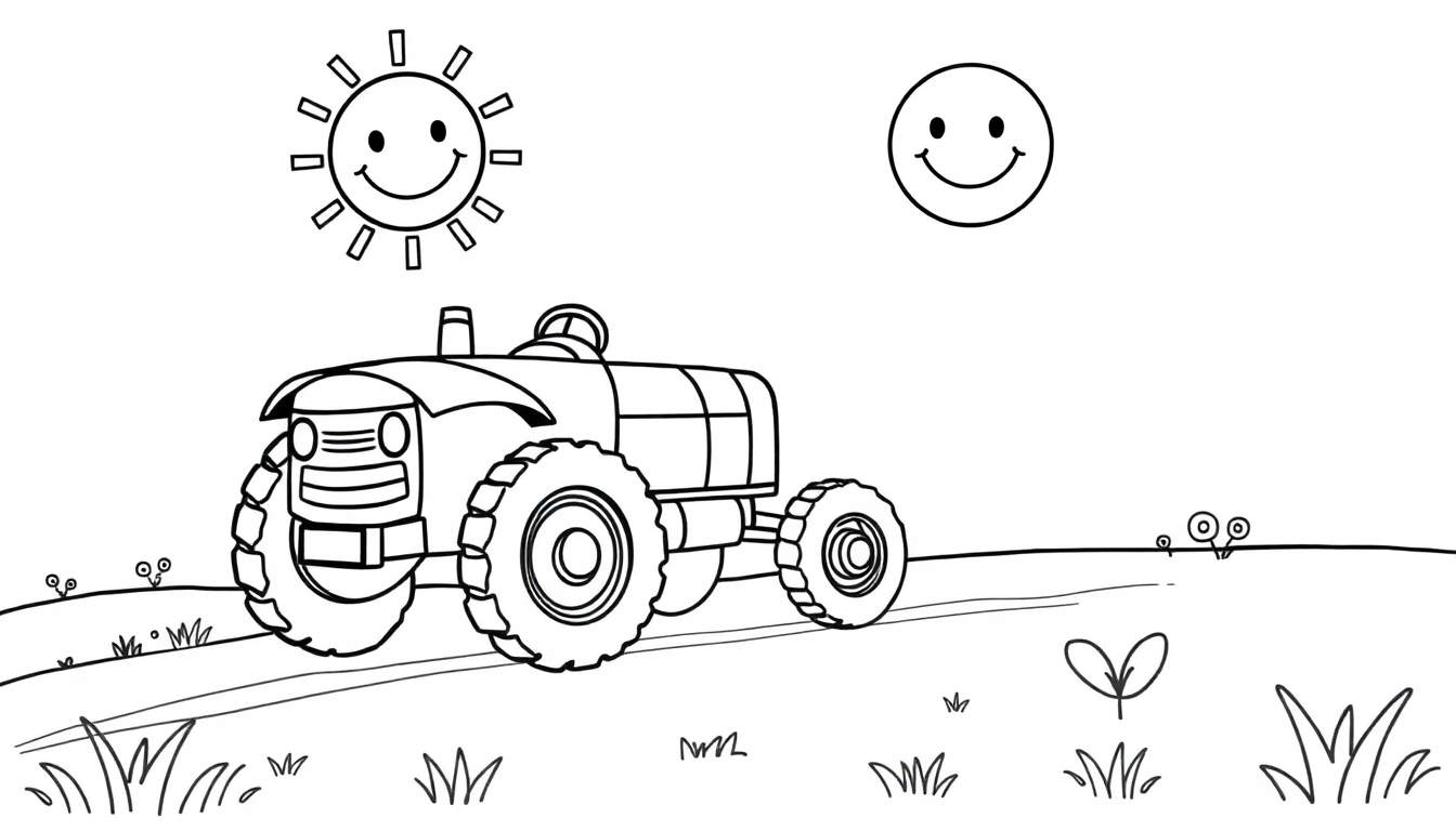 Placa de color de un tractor sonriente en un campo soleado.