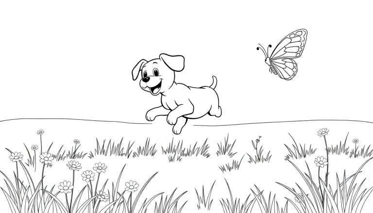 Placa de color: Un perrito juguetón persigue una mariposa en un prado lleno de flores.