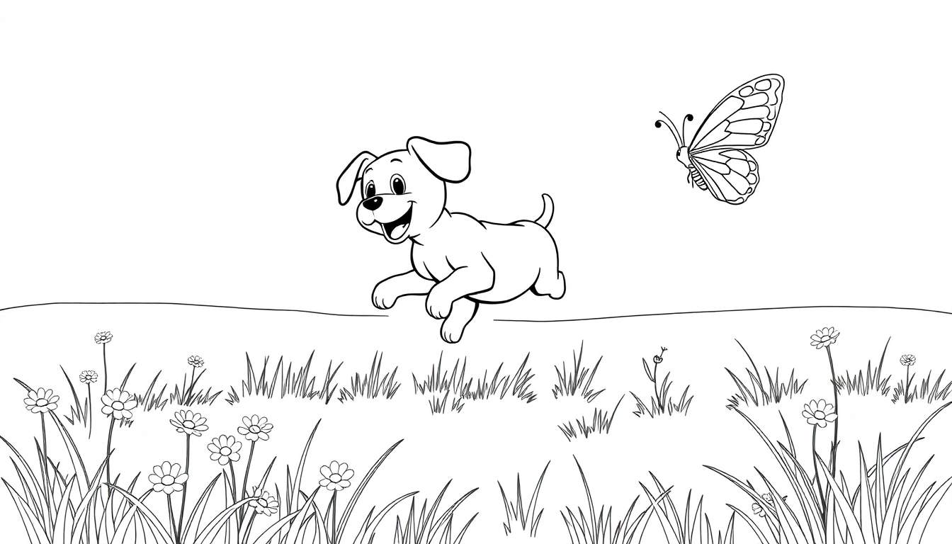 Placa de color: Un perrito juguetón persigue una mariposa en un prado lleno de flores.