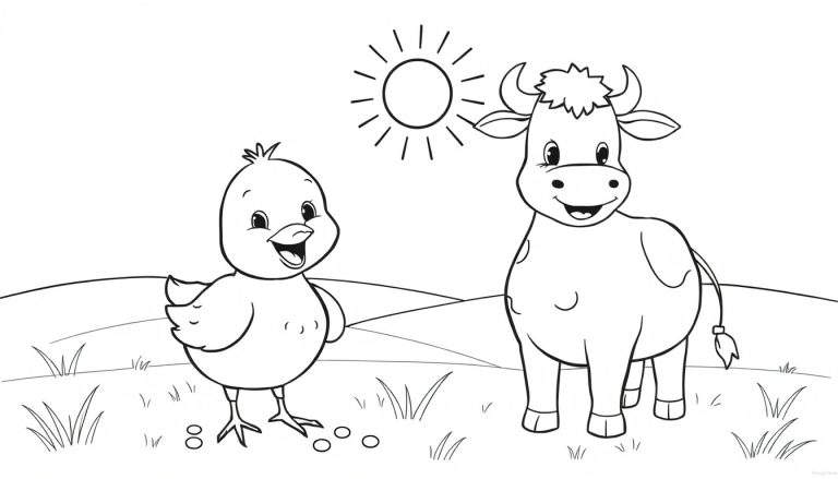 Placa de color de un pollito y una vaca en un campo soleado.