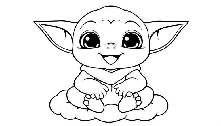 Página para colorear de Baby Yoda sentado en una nube.