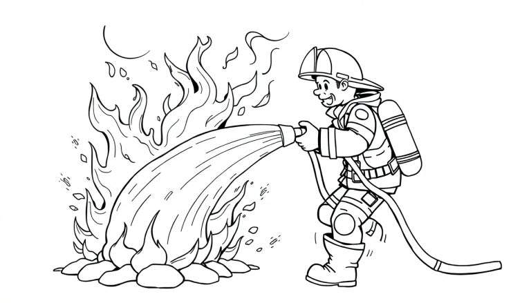 Una placa de color con un bombero caricaturesco apagando un fuego.