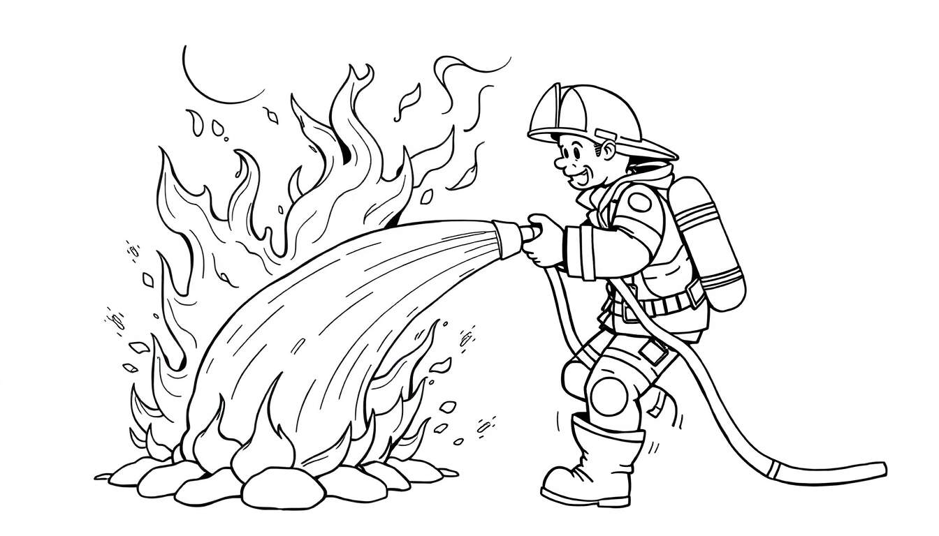 Una placa de color con un bombero caricaturesco apagando un fuego.