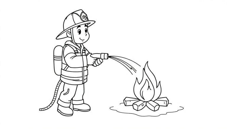 Placa de color de un bombero dibujado, con el número 115 en su casco, usando una manguera para rociar agua sobre un pequeño fuego.