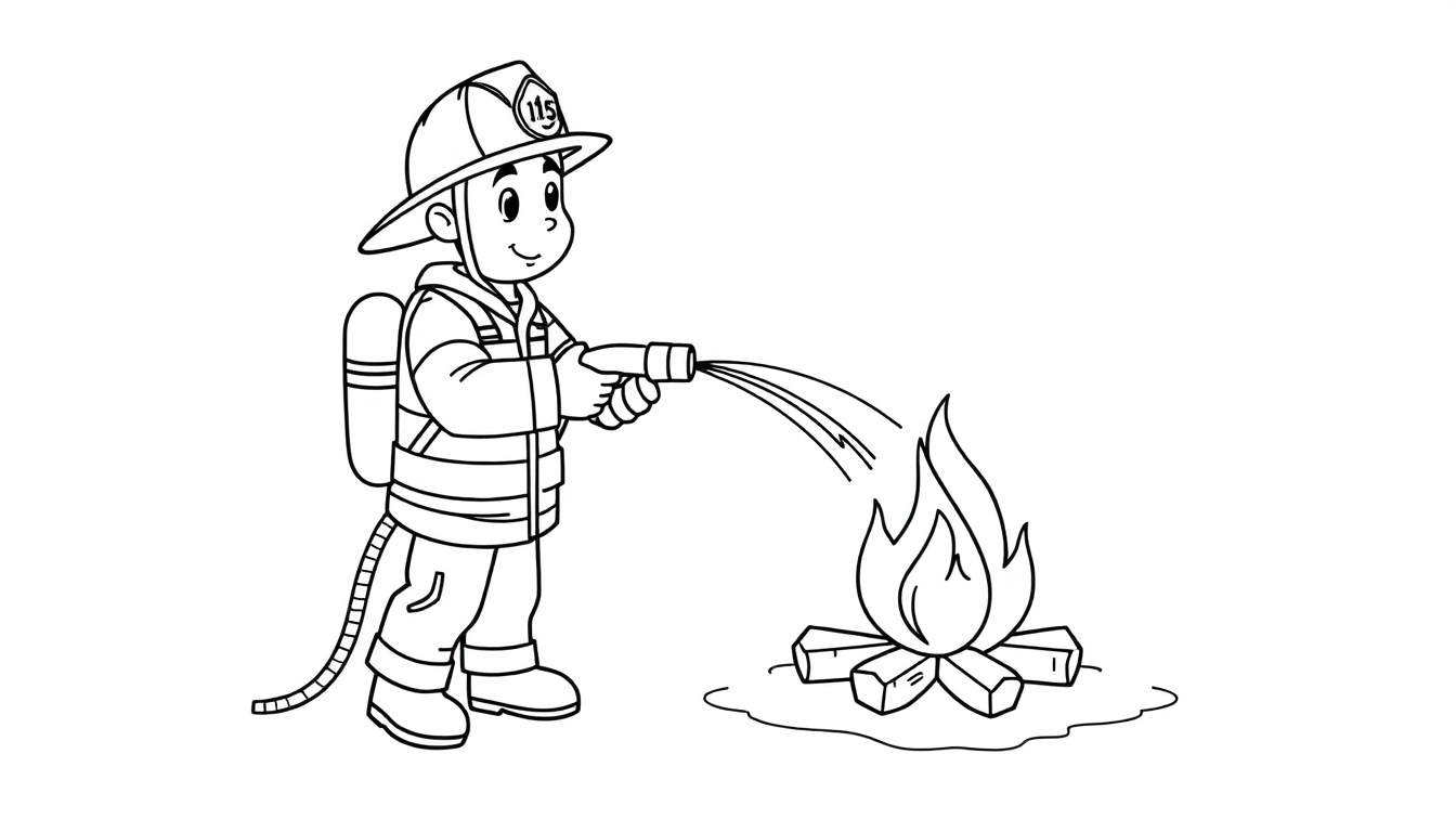 Placa de color de un bombero dibujado, con el número 115 en su casco, usando una manguera para rociar agua sobre un pequeño fuego.
