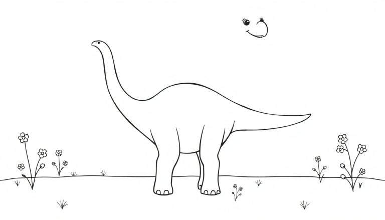 Placa de color de un dinosaurio Braquiosaurio sonriente.