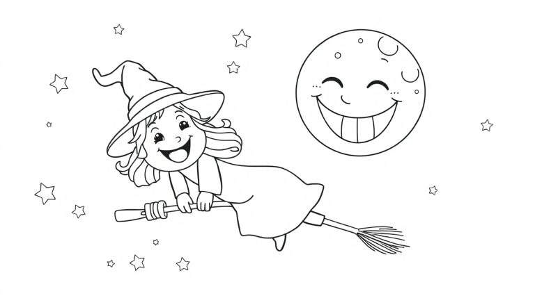 Placa de color de una brujita sonriente volando en escoba entre estrellas y una luna amigable.