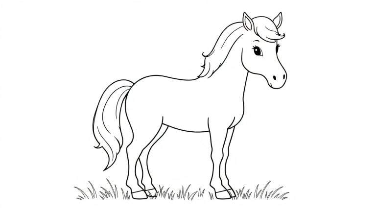 Placa de color de un caballo de dibujos animados listo para colorear con melena y cola largas.