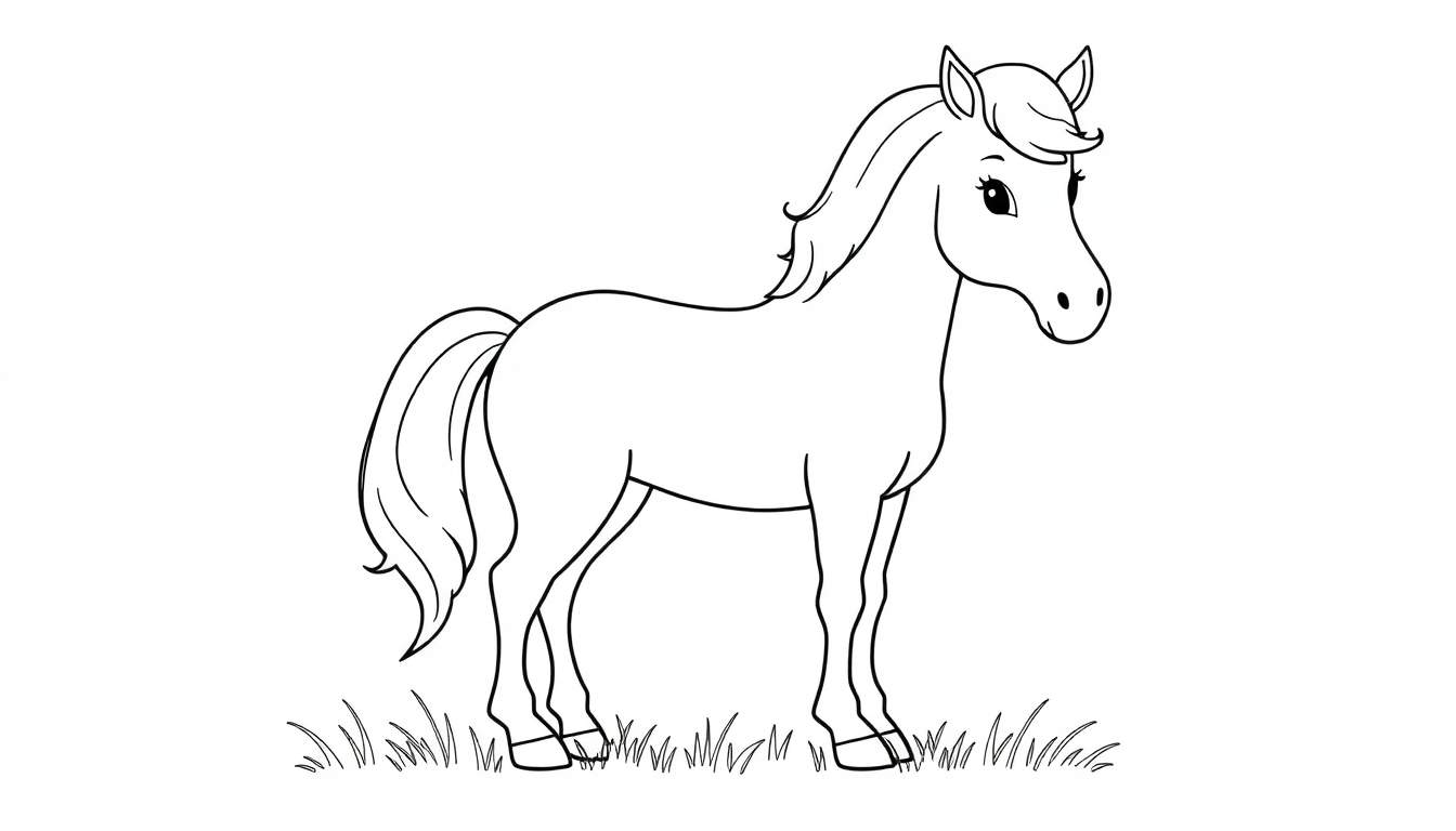 Placa de color de un caballo de dibujos animados listo para colorear con melena y cola largas.