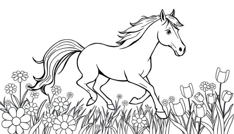 Placa de color de un caballo galopando en un campo de flores.
