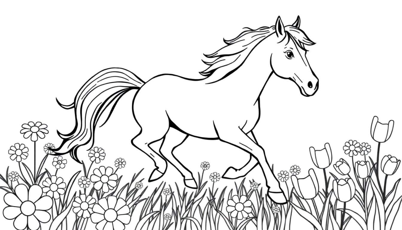 Placa de color de un caballo galopando en un campo de flores.