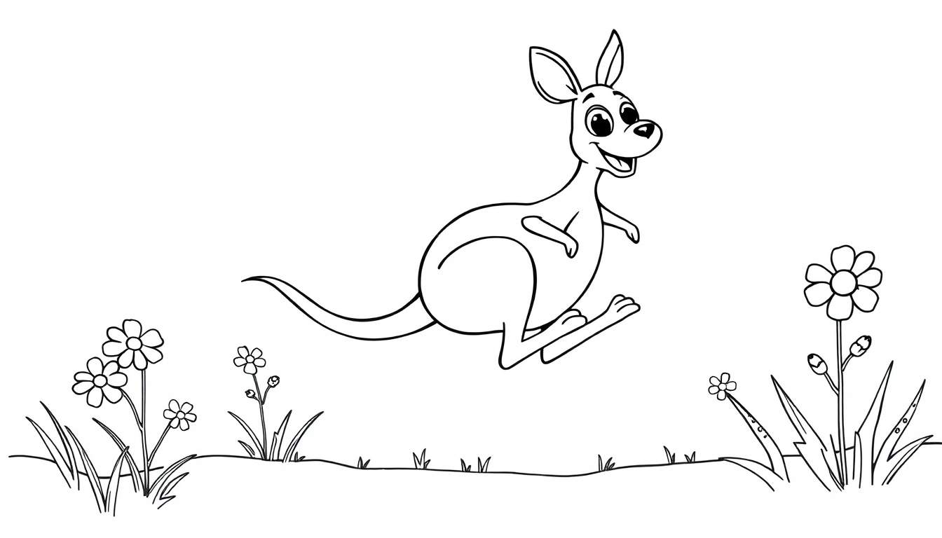 Una placa de color de un canguro feliz saltando entre flores.