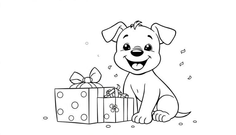 Placa de color de un perrito feliz sentado con dos regalos de cumpleaños.