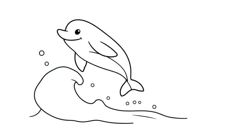 Un delfín caricaturesco sonriente saltando sobre una ola, listo para colorear en la placa de color.